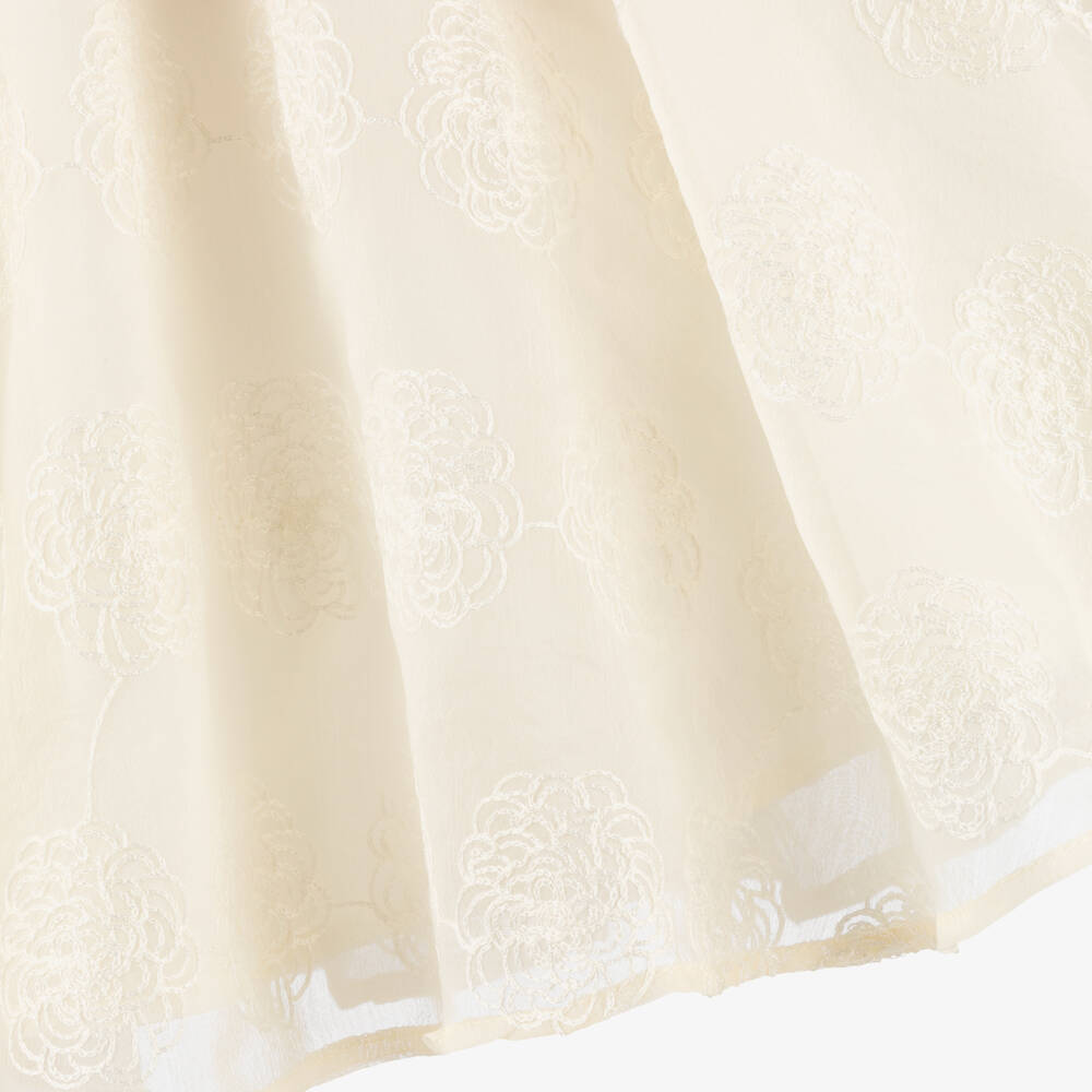 POCA & POCA-Girls Ivory Shirred Georgette Dress with Floral Embroidery | Childrensalon Outlet
