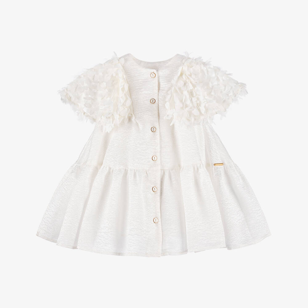 POCA & POCA-Girls Ivory Textured Dress with Floral Appliqué Tulle Sleeves | Childrensalon Outlet