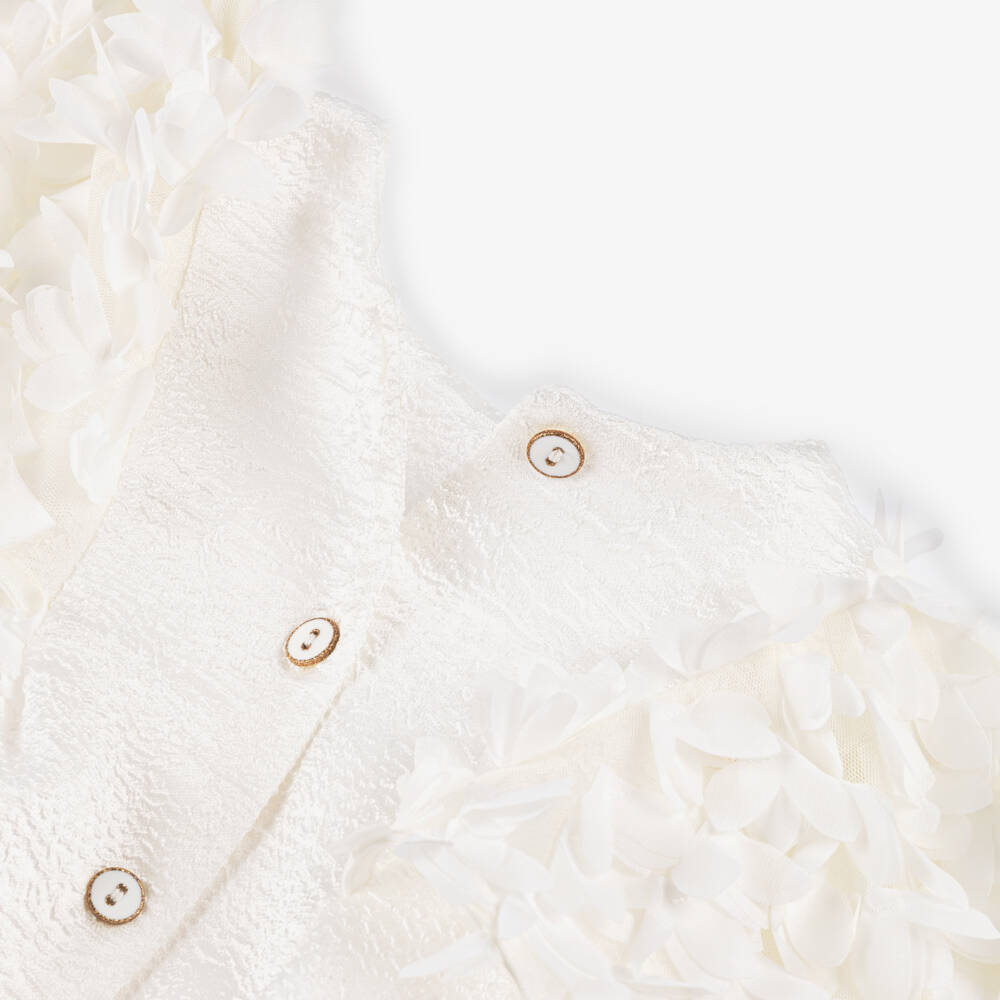 POCA & POCA-Girls Ivory Textured Dress with Floral Appliqué Tulle Sleeves | Childrensalon Outlet