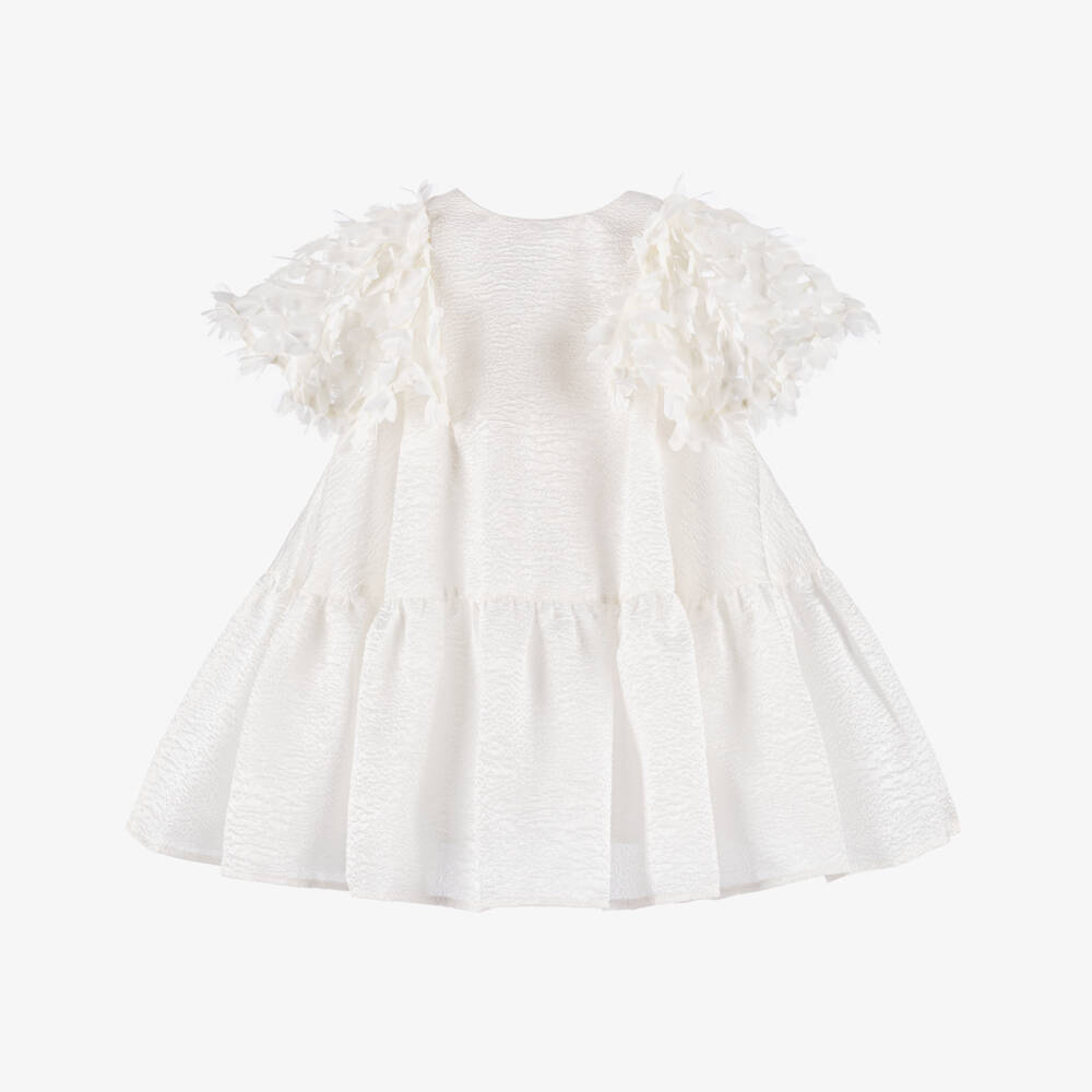 POCA & POCA-Girls Ivory Textured Dress with Floral Appliqué Tulle Sleeves | Childrensalon Outlet