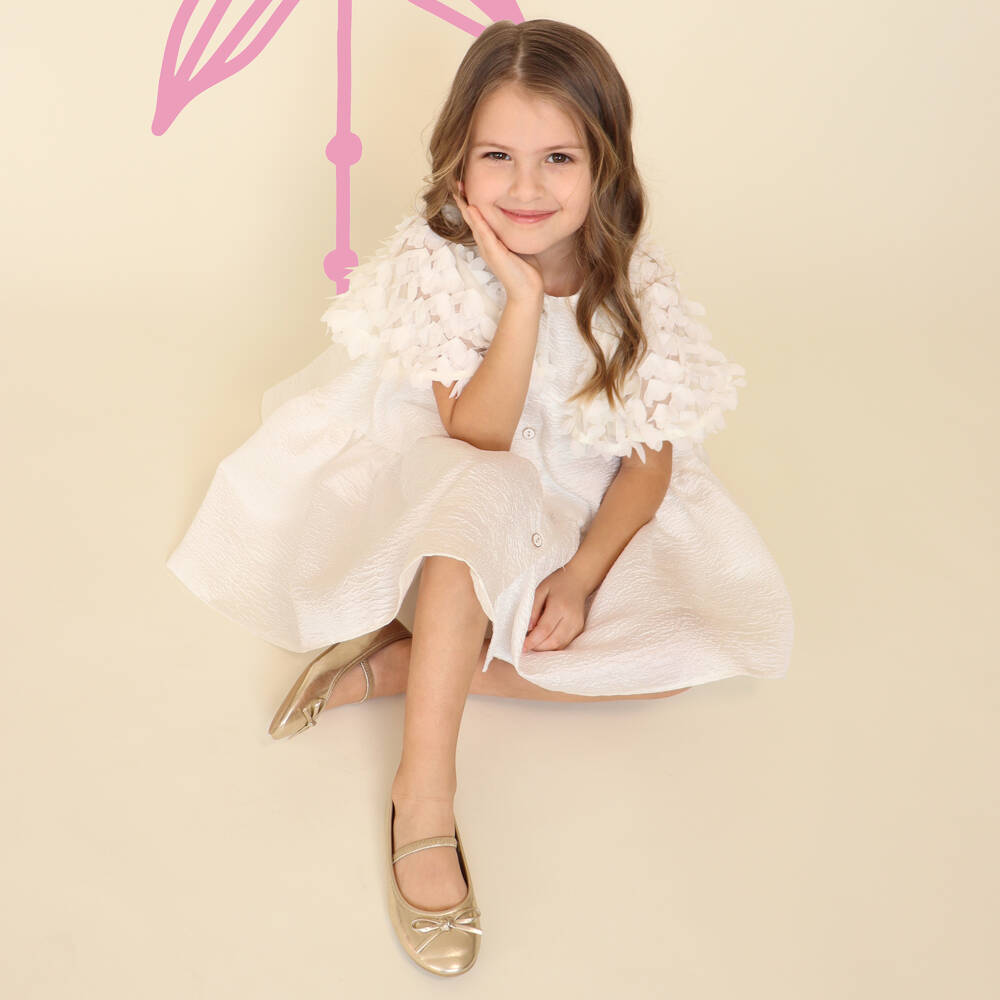 POCA & POCA-Girls Ivory Textured Dress with Floral Appliqué Tulle Sleeves | Childrensalon Outlet