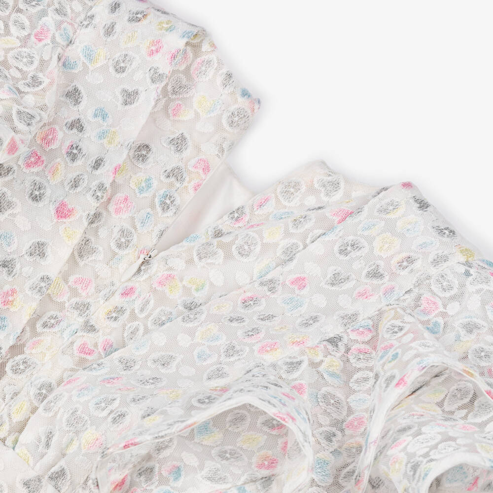 POCA & POCA-Girls Ivory Tulle Dress with Embroidered Pink & Silver Hearts | Childrensalon Outlet