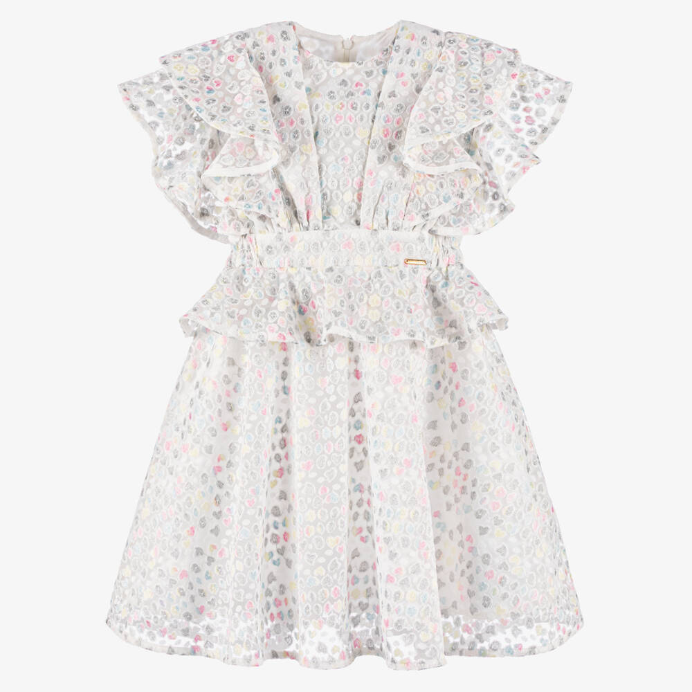 POCA & POCA-Girls Ivory Tulle Dress with Embroidered Pink & Silver Hearts | Childrensalon Outlet