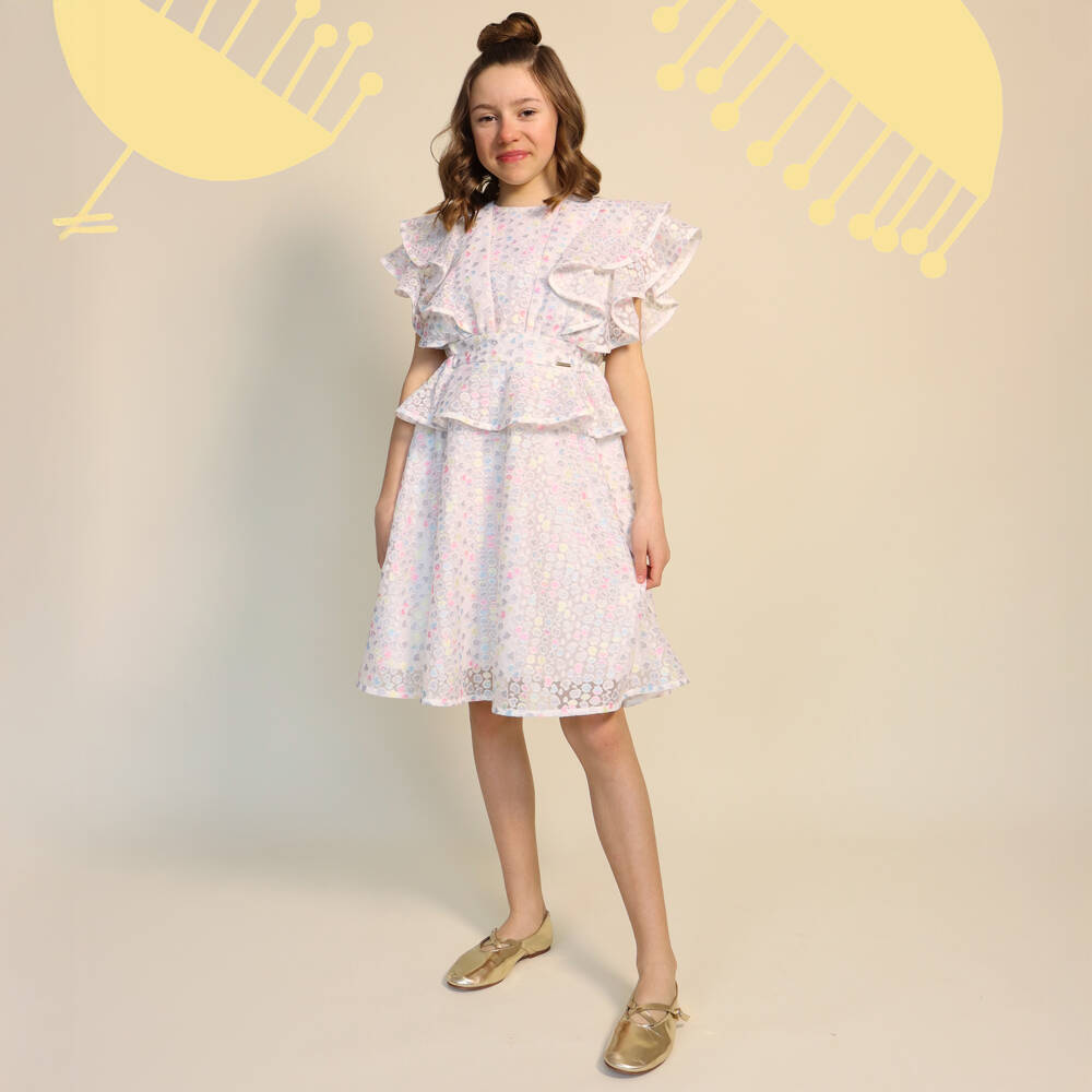 POCA & POCA-Girls Ivory Tulle Dress with Embroidered Pink & Silver Hearts | Childrensalon Outlet
