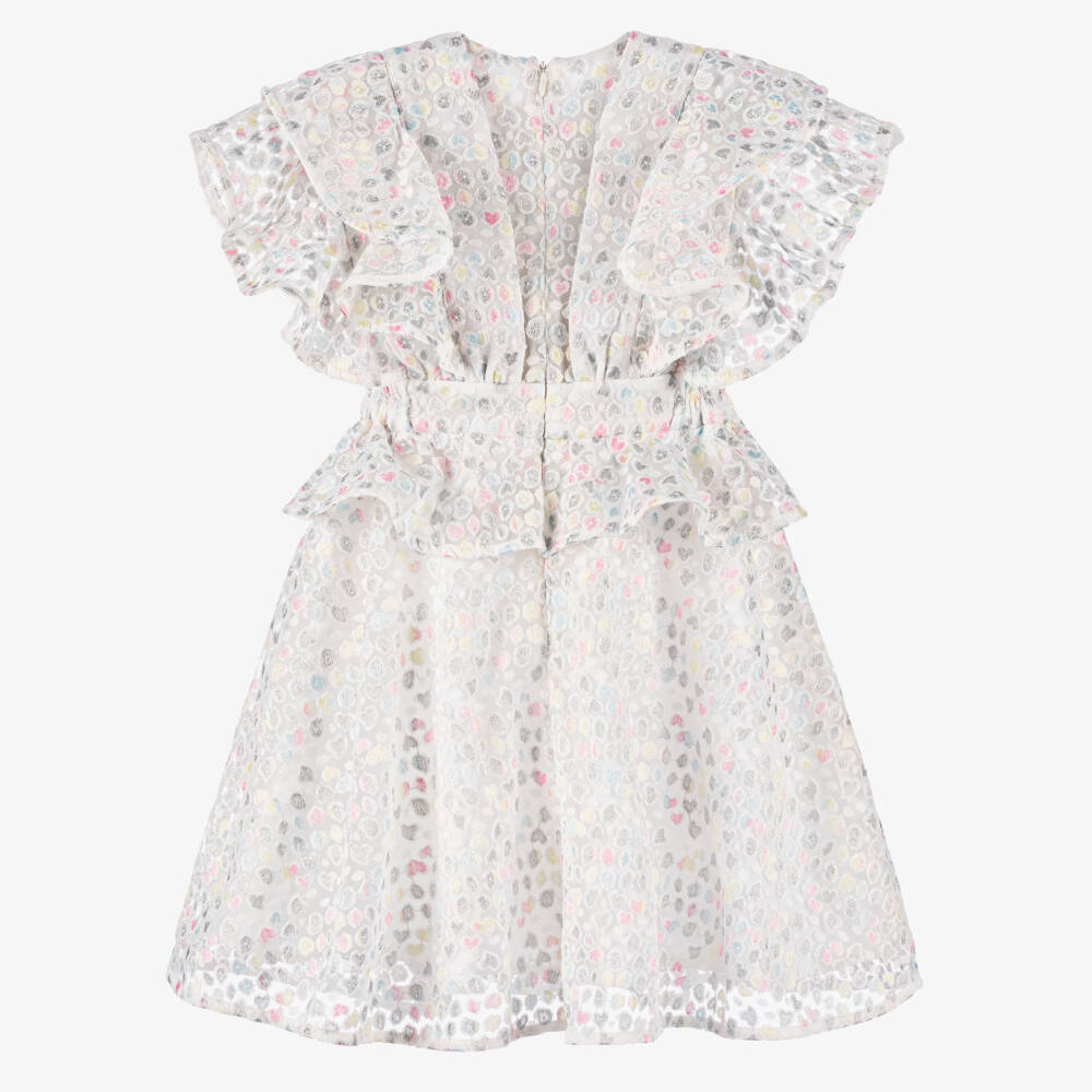 POCA & POCA-Girls Ivory Tulle Dress with Embroidered Pink & Silver Hearts | Childrensalon Outlet