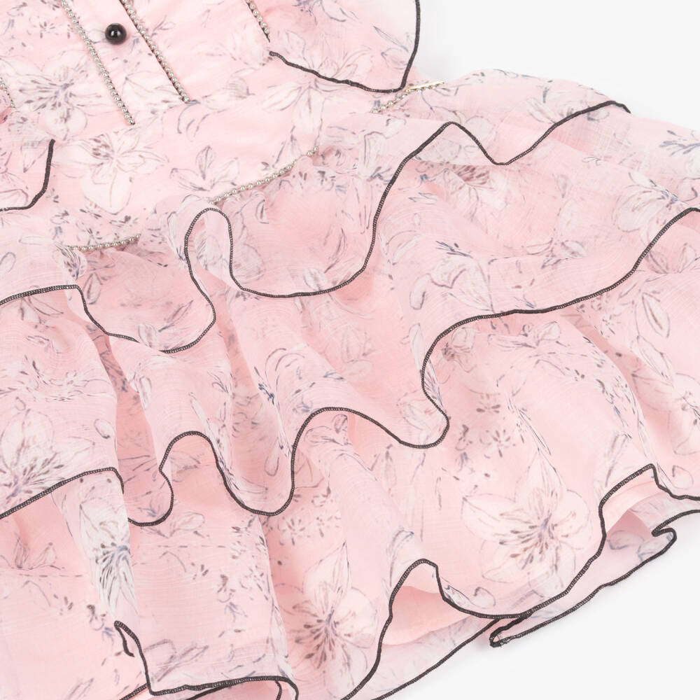 POCA & POCA-Girls Pale Pink Floral Print Ruffle Dress | Childrensalon Outlet