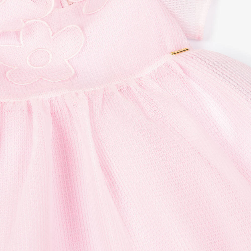 POCA & POCA-Girls Pale Pink Mesh Dress with Flower Appliqués | Childrensalon Outlet