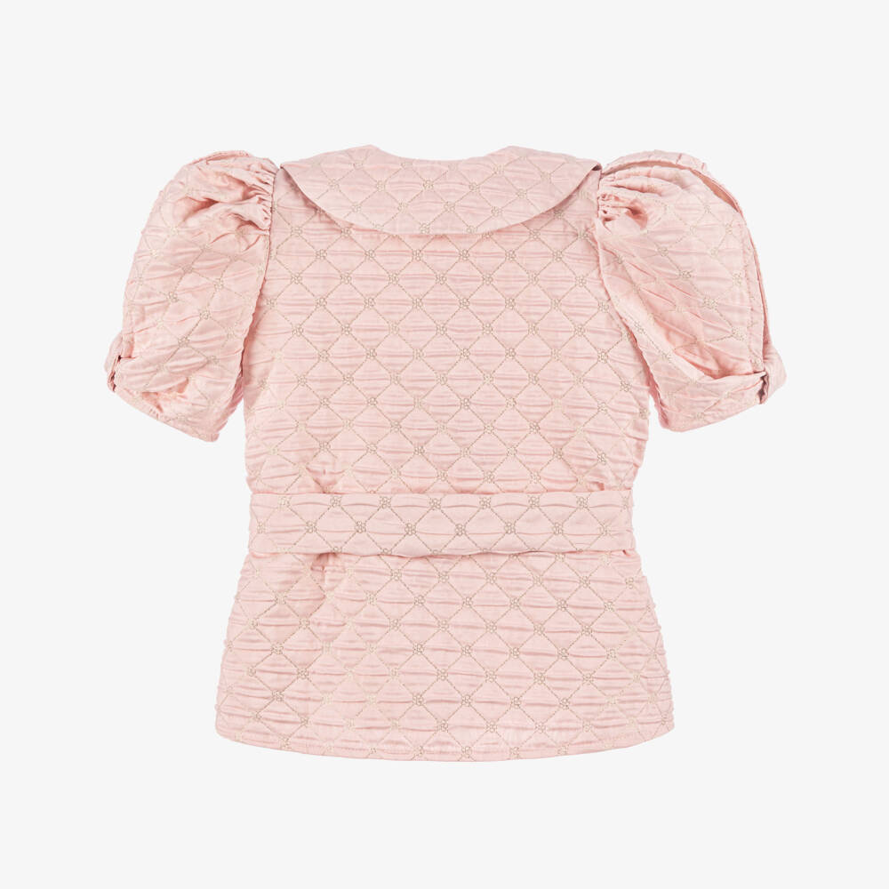 POCA & POCA-Girls Pink Belted Blouse with Embroidered Gold Quilting | Childrensalon Outlet