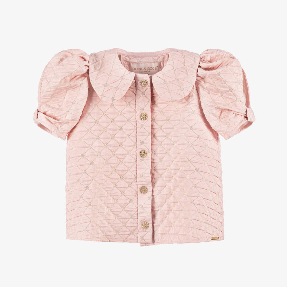 POCA & POCA-Girls Pink Belted Blouse with Embroidered Gold Quilting | Childrensalon Outlet