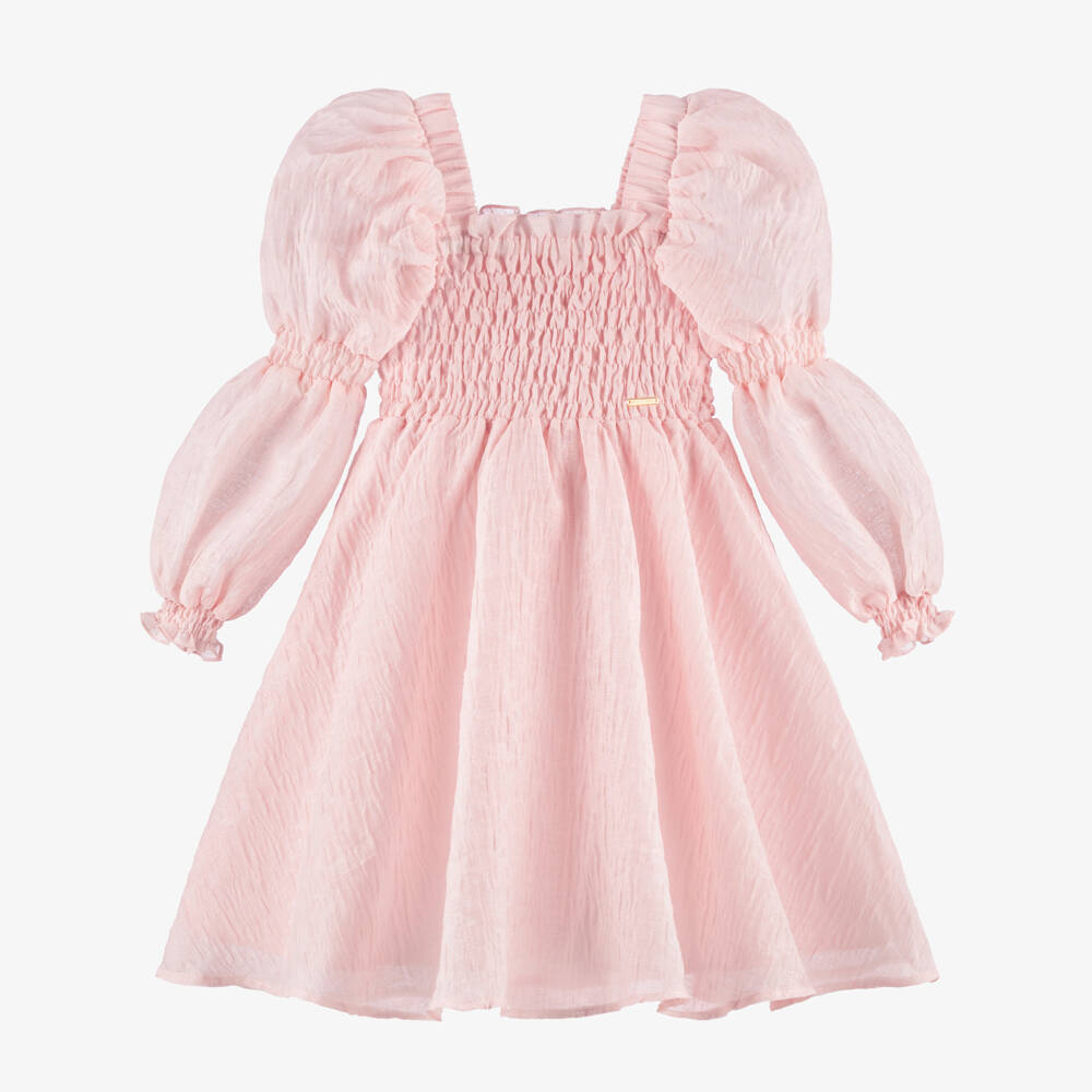POCA & POCA-Girls Pink Shirred Textured Jacquard Dress | Childrensalon Outlet