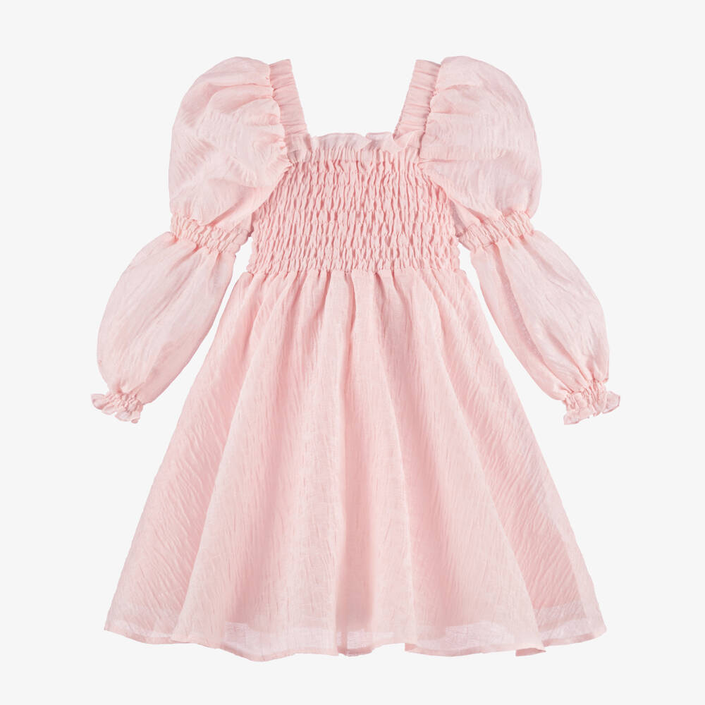POCA & POCA-Girls Pink Shirred Textured Jacquard Dress | Childrensalon Outlet