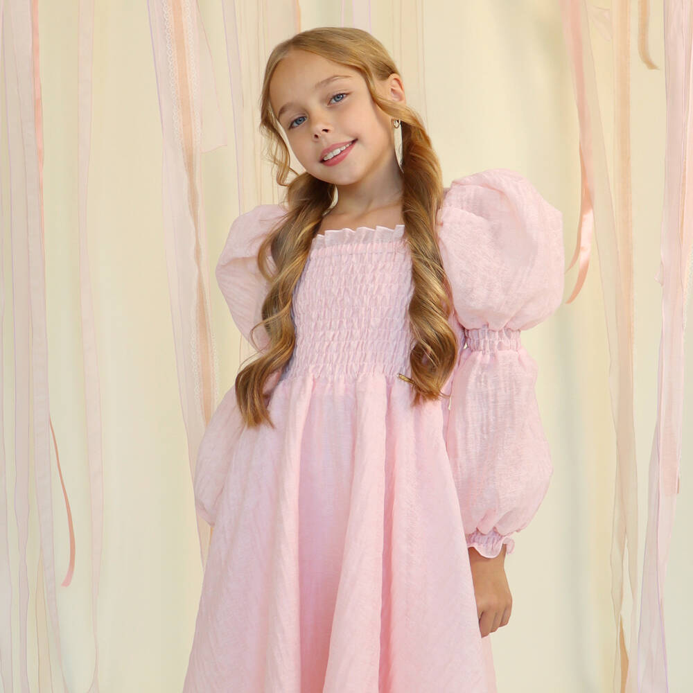 POCA & POCA-Girls Pink Shirred Textured Jacquard Dress | Childrensalon Outlet