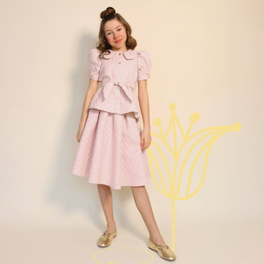 POCA & POCA-Girls Pink Skirt with Embroidered Gold Quilting | Childrensalon Outlet