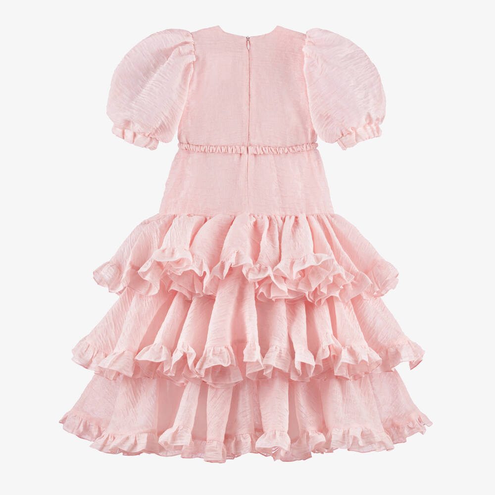 POCA & POCA-Girls Pink Textured Jacquard & Tiered Ruffle Dress | Childrensalon Outlet