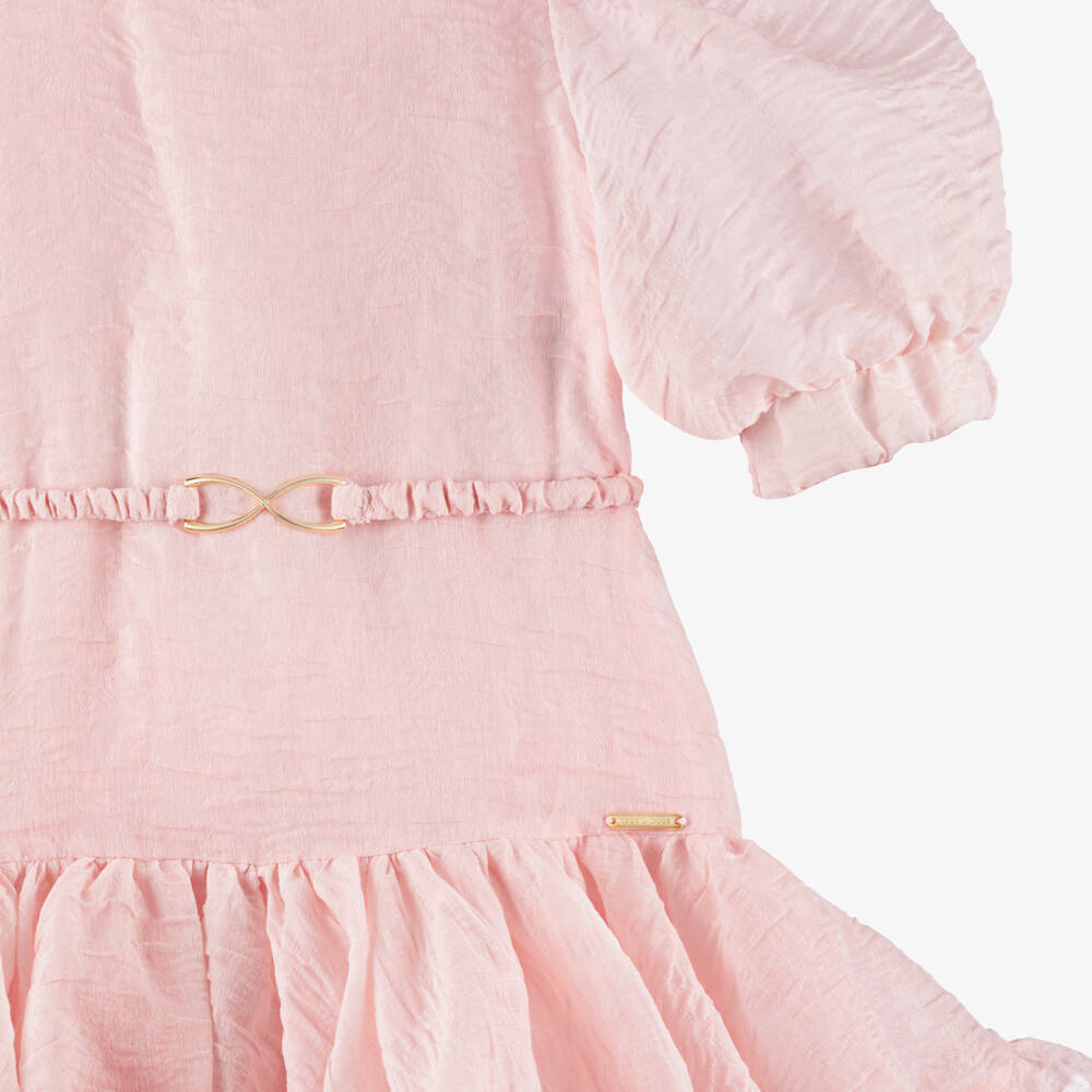 POCA & POCA-Girls Pink Textured Jacquard & Tiered Ruffle Dress | Childrensalon Outlet