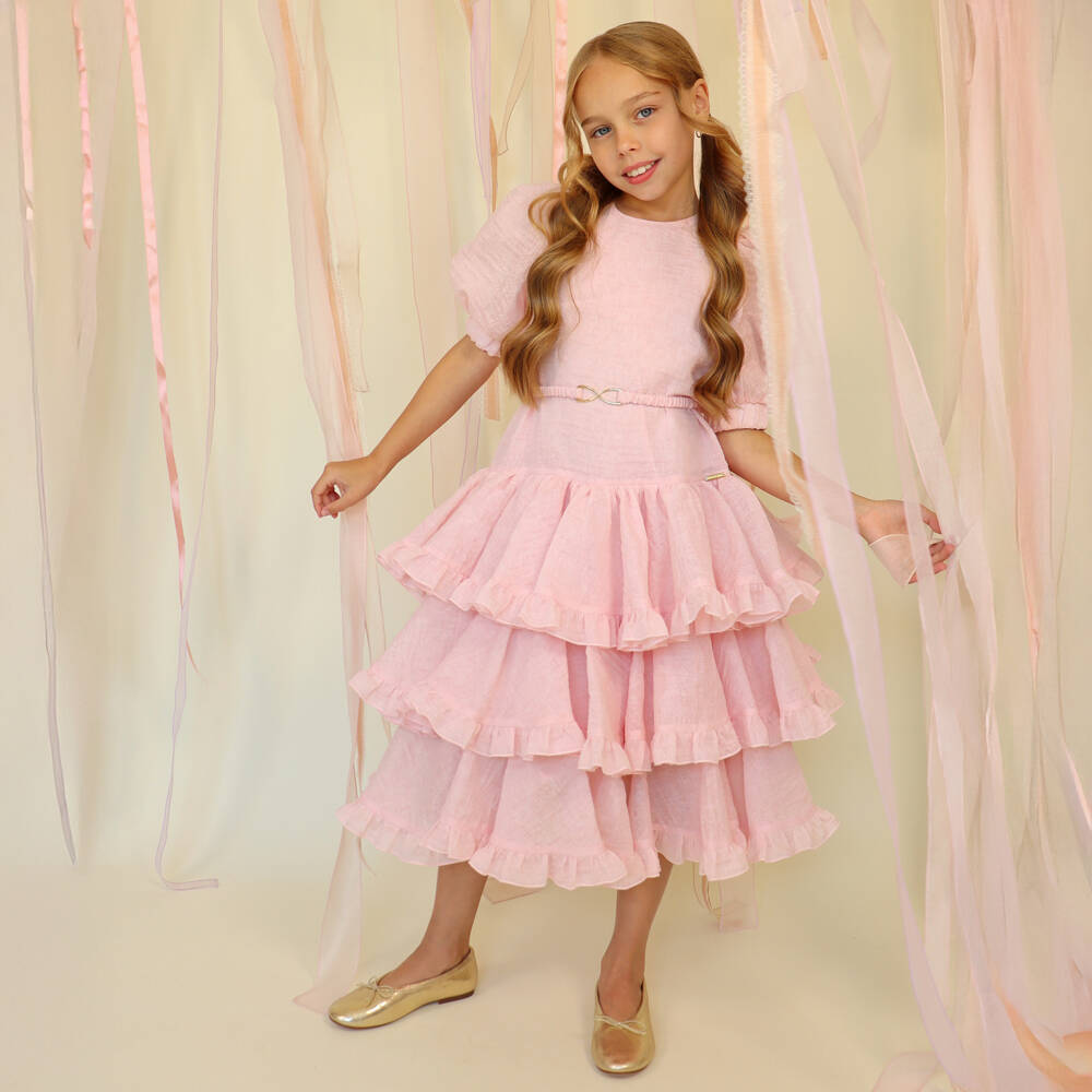 POCA & POCA-Girls Pink Textured Jacquard & Tiered Ruffle Dress | Childrensalon Outlet