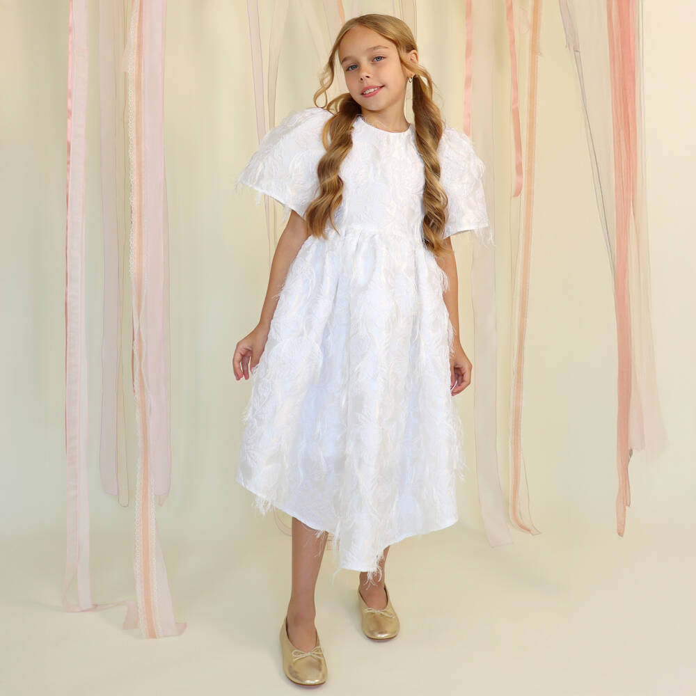 POCA & POCA-Girls White Feathery Jacquard Satin Dress | Childrensalon Outlet