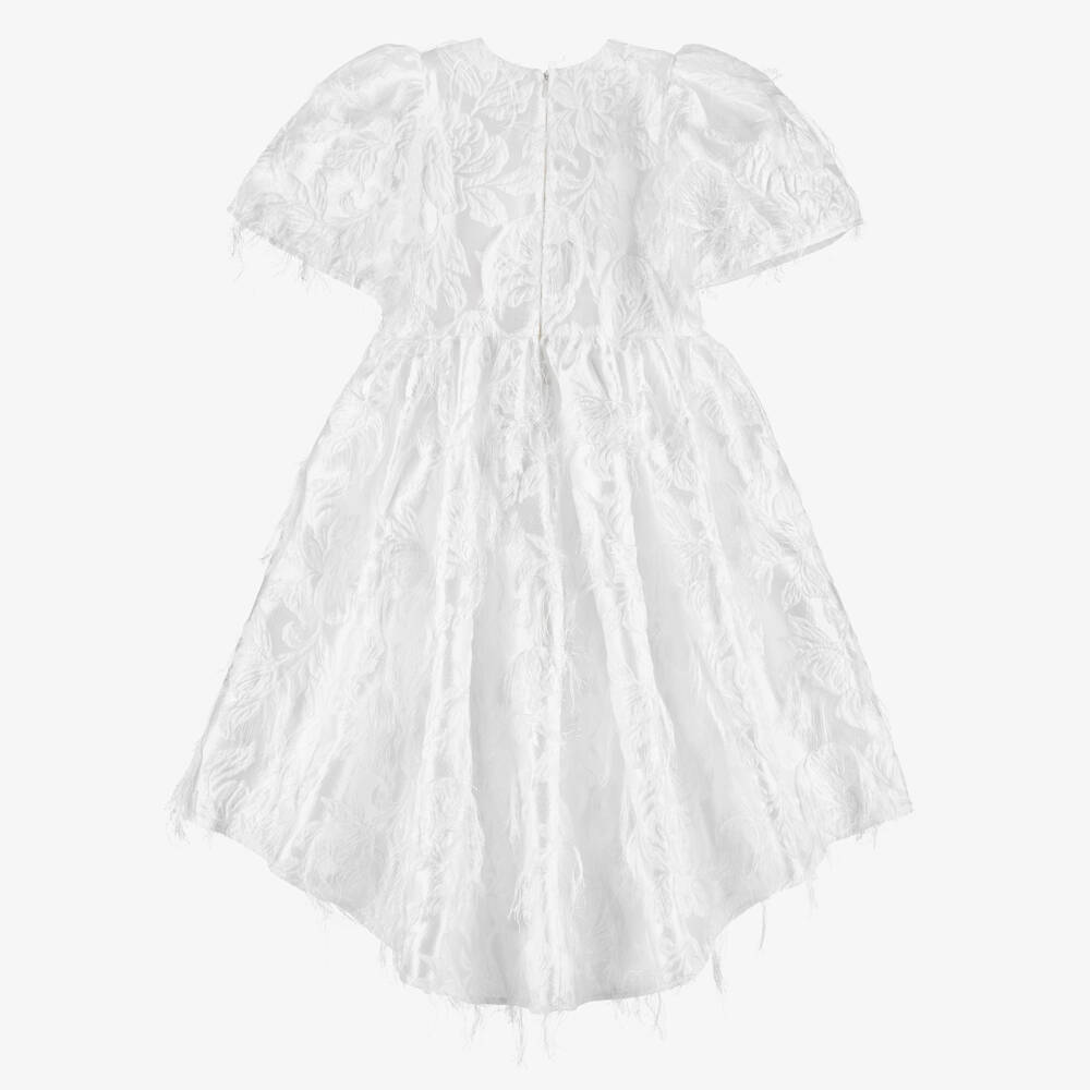 POCA & POCA-Girls White Feathery Jacquard Satin Dress | Childrensalon Outlet