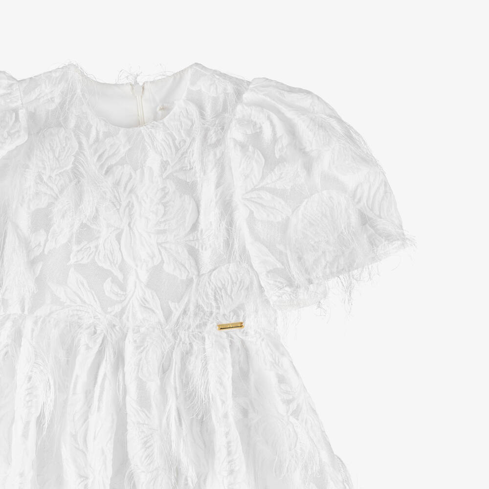 POCA & POCA-Girls White Feathery Jacquard Satin Dress | Childrensalon Outlet