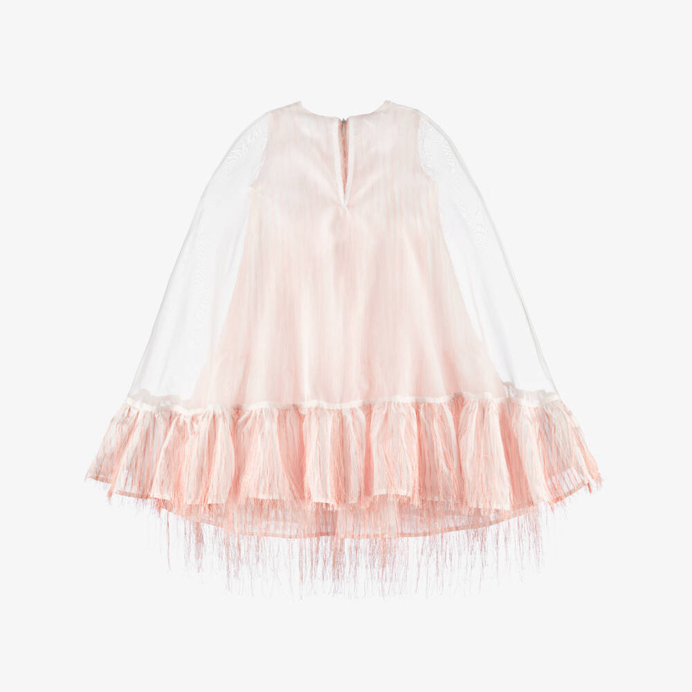 POCA & POCA-Girls White Organza Cape Dress with Pink Fringing | Childrensalon Outlet