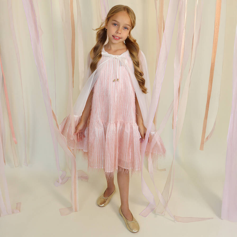 POCA & POCA-Girls White Organza Cape Dress with Pink Fringing | Childrensalon Outlet