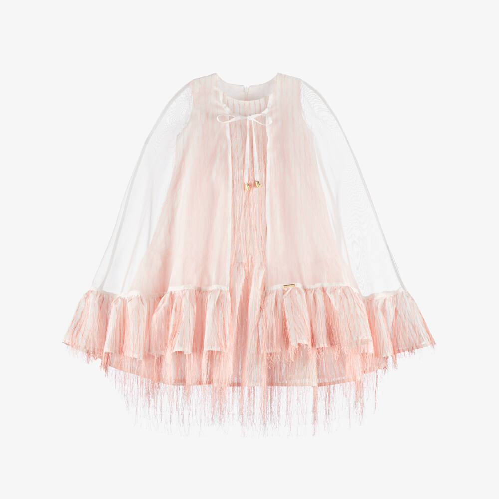 POCA & POCA-Girls White Organza Cape Dress with Pink Fringing | Childrensalon Outlet