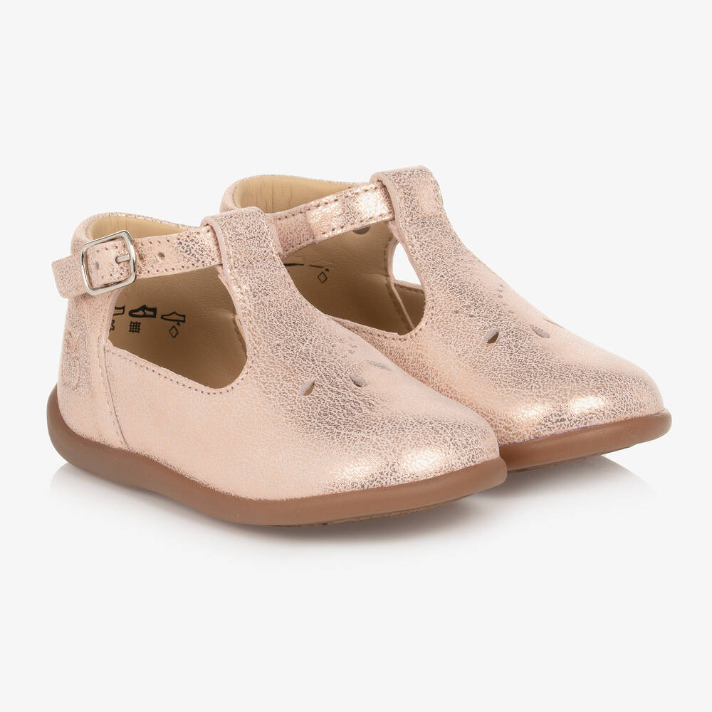 Pom d'Api - Chaussures or rose en cuir bébé | Childrensalon