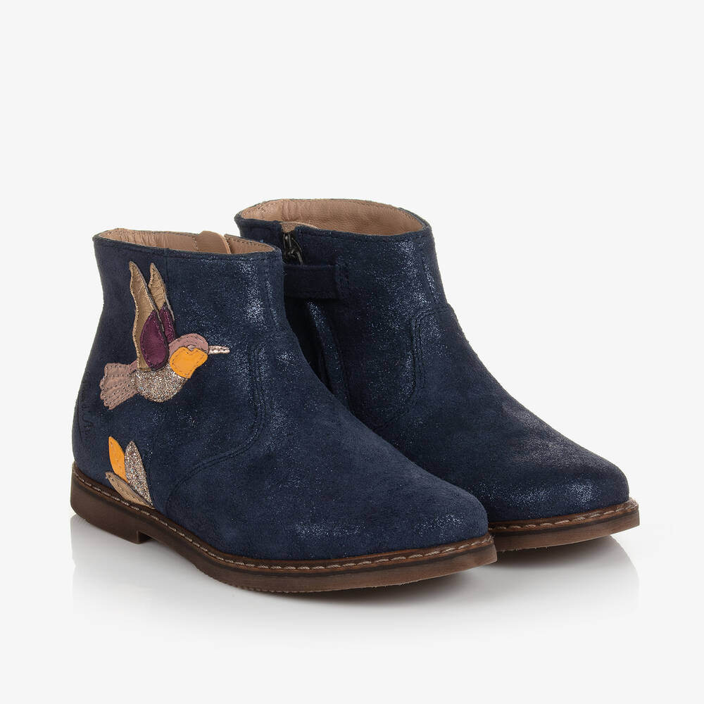 Pom d'Api - Blau schimmernde Vogel-Lederstiefel | Childrensalon