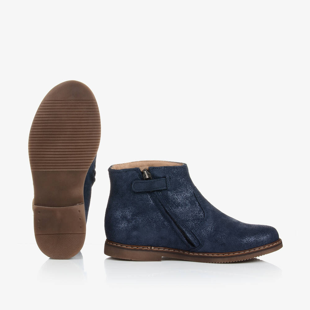 Pom d'Api-Girls Blue Shimmer Leather Bird Boots | Childrensalon Outlet