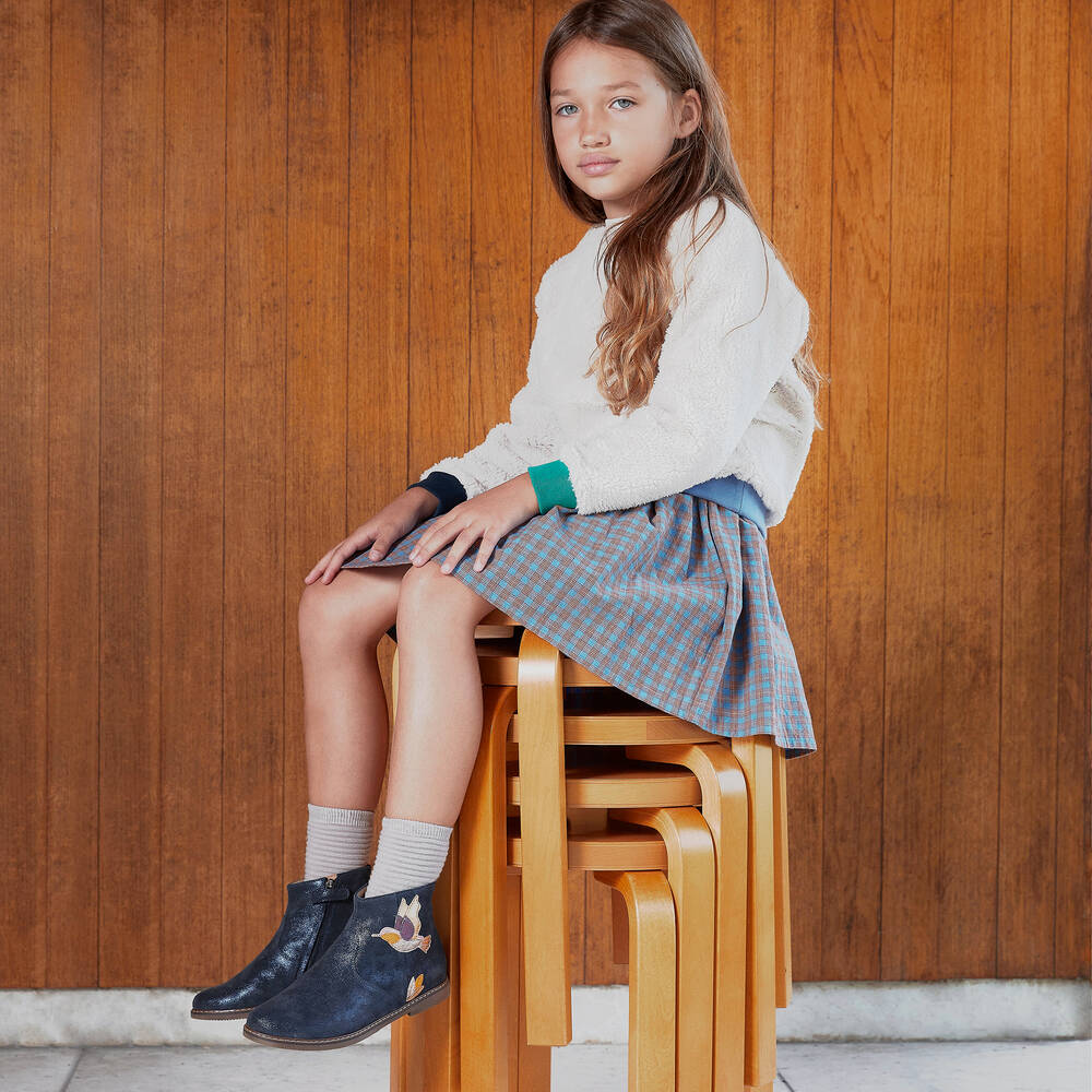 Pom d'Api-Girls Blue Shimmer Leather Bird Boots | Childrensalon Outlet