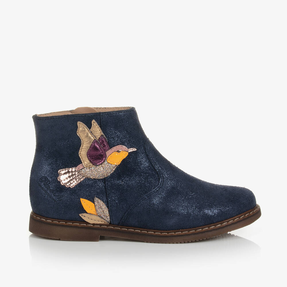 Girls Blue Shimmer Leather Bird Boots