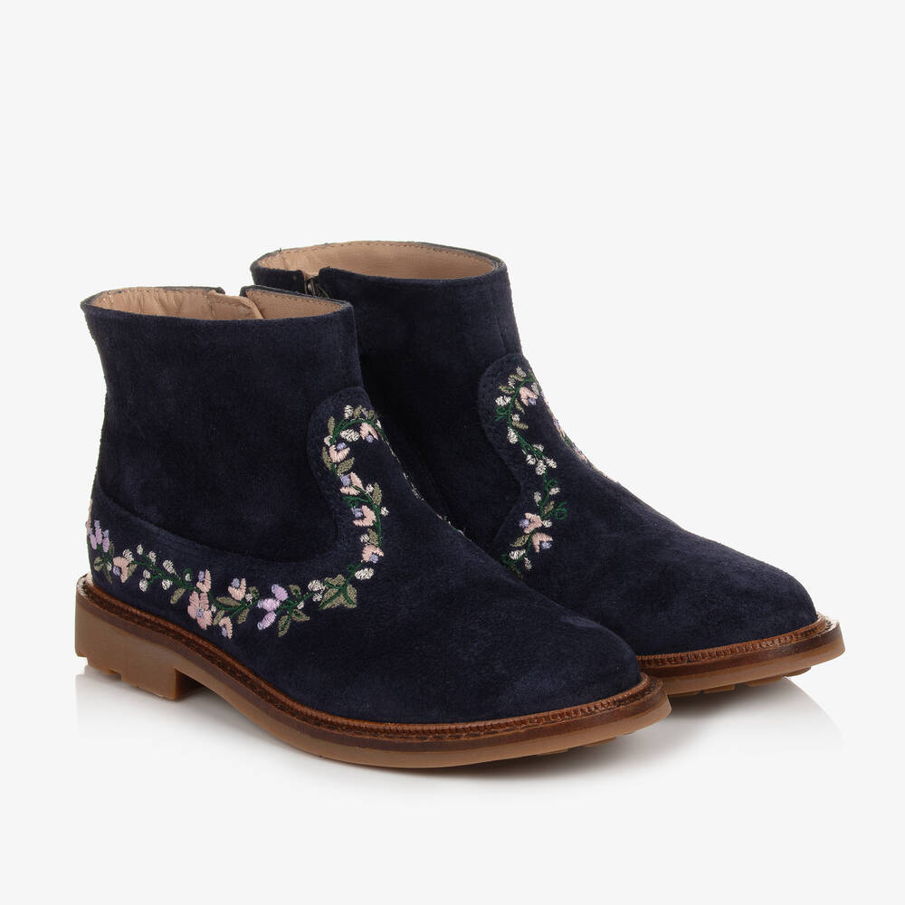 Pom d'Api - Blaue Wildlederstiefel mit Blumen | Childrensalon