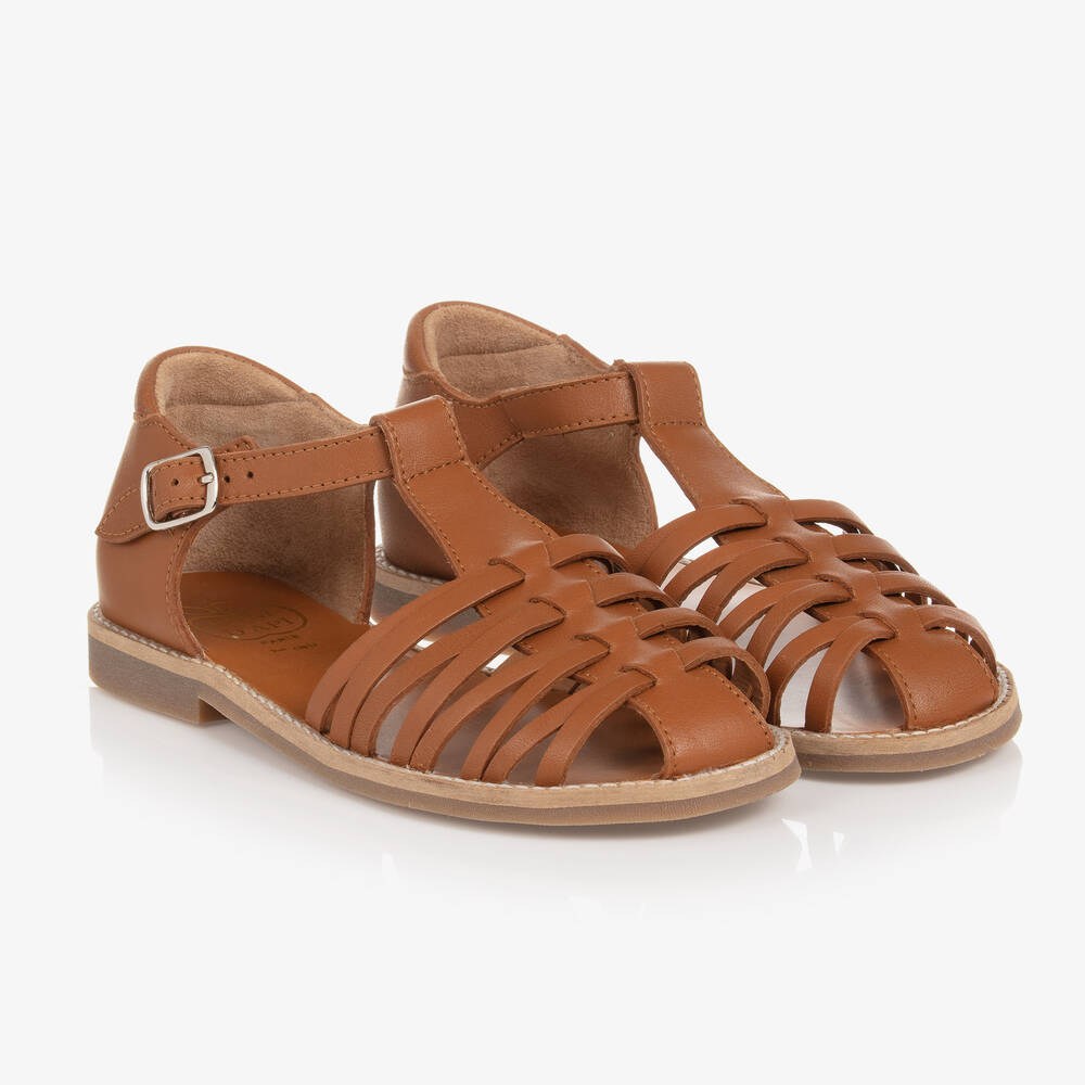 Pom d'Api - Girls Brown Leather Buckle Sandals | Childrensalon