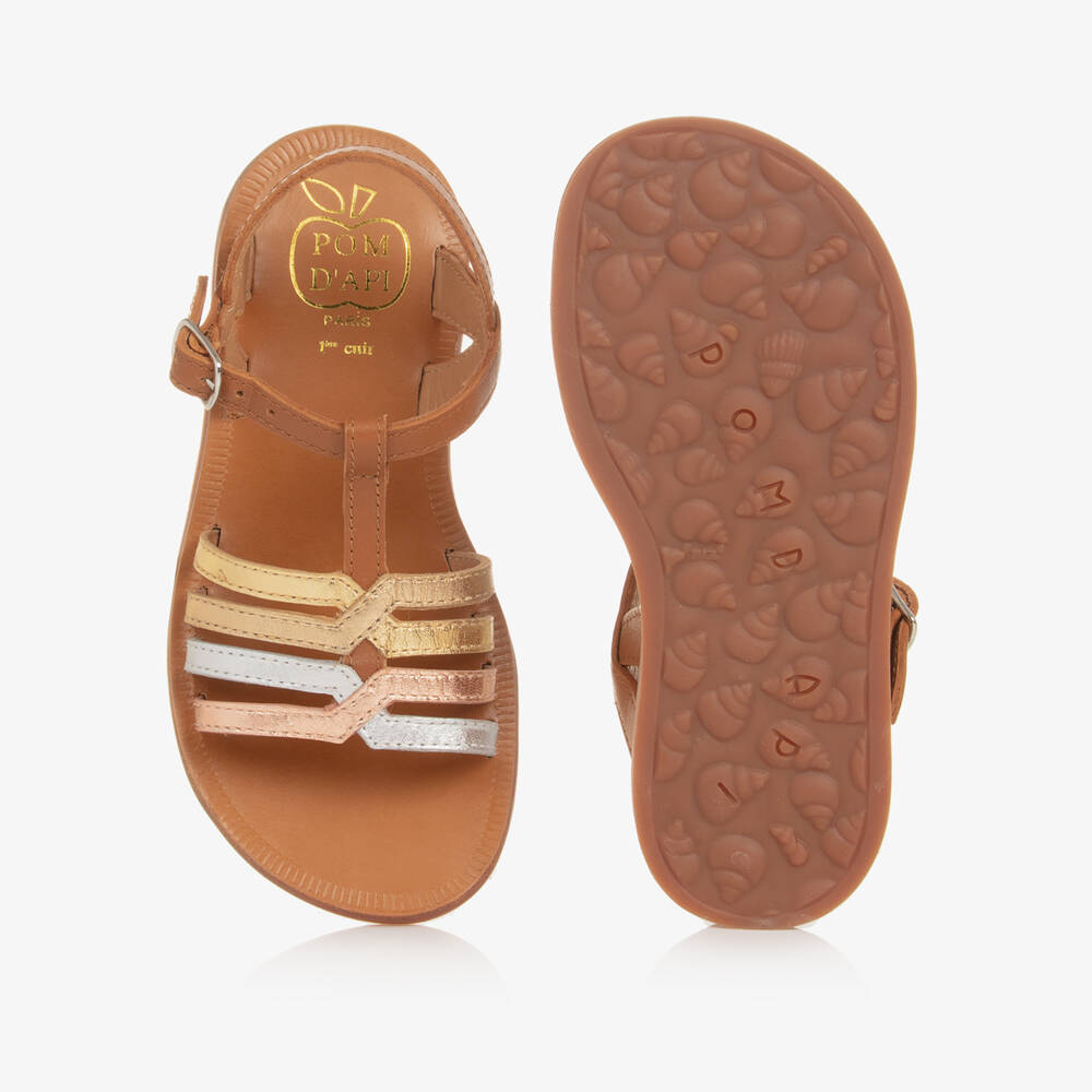 Pom d'Api-Girls Brown & Metallic Leather Sandals | Childrensalon Outlet