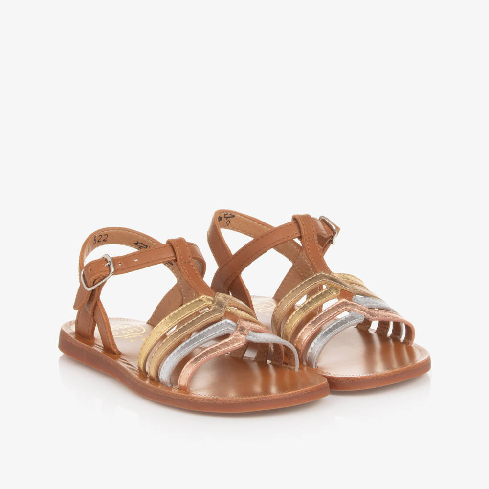 Pom d'Api-Girls Brown & Metallic Leather Sandals | Childrensalon Outlet