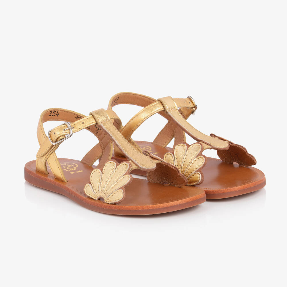 Pom d'Api - Girls Gold Leather Flower Sandals | Childrensalon