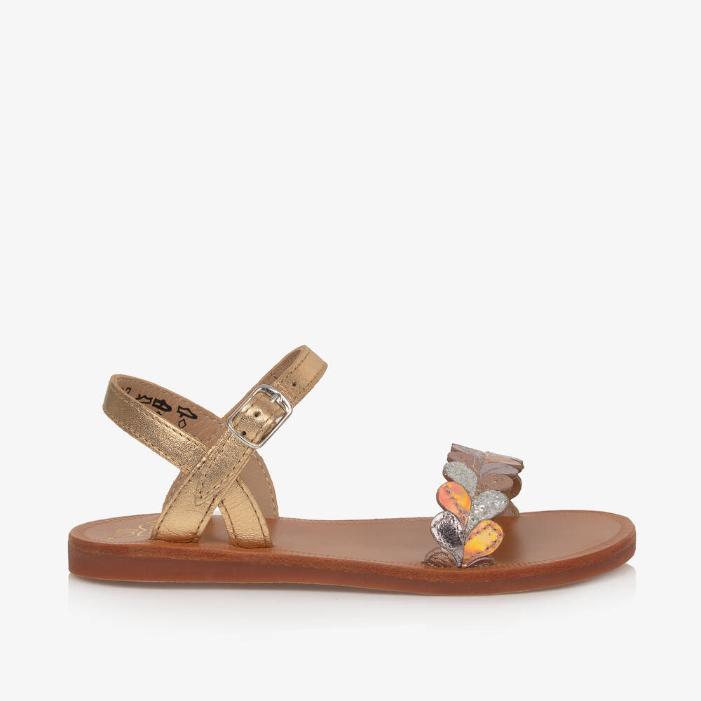 Pom d'Api - Girls Gold Leather Leaf Sandals | Childrensalon