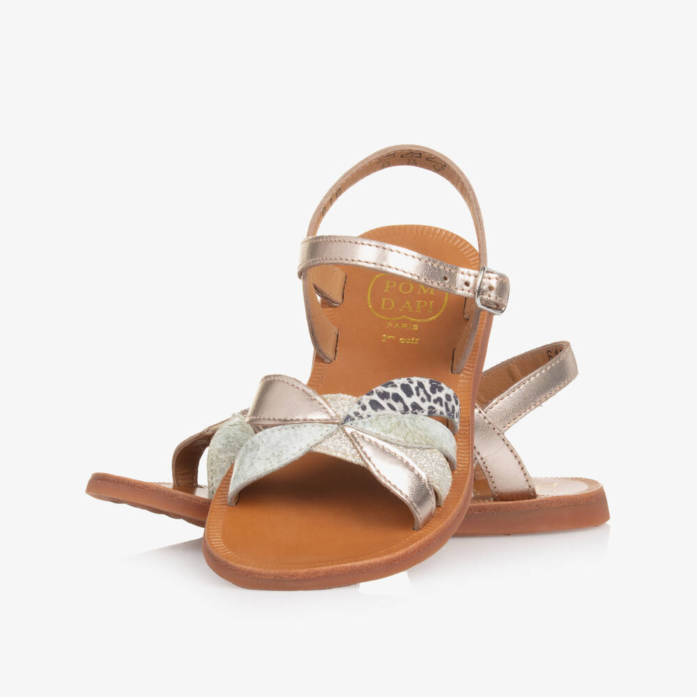 Pom d'Api-Girls Metallic Gold Animal Print Sandals | Childrensalon Outlet