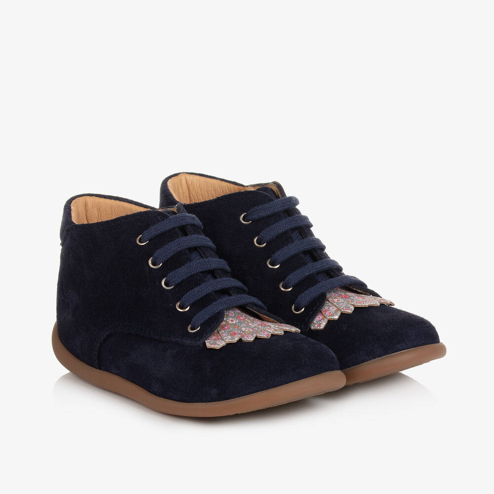 Pom d'Api - Girls Navy Blue Suede First Walker Boots | Childrensalon