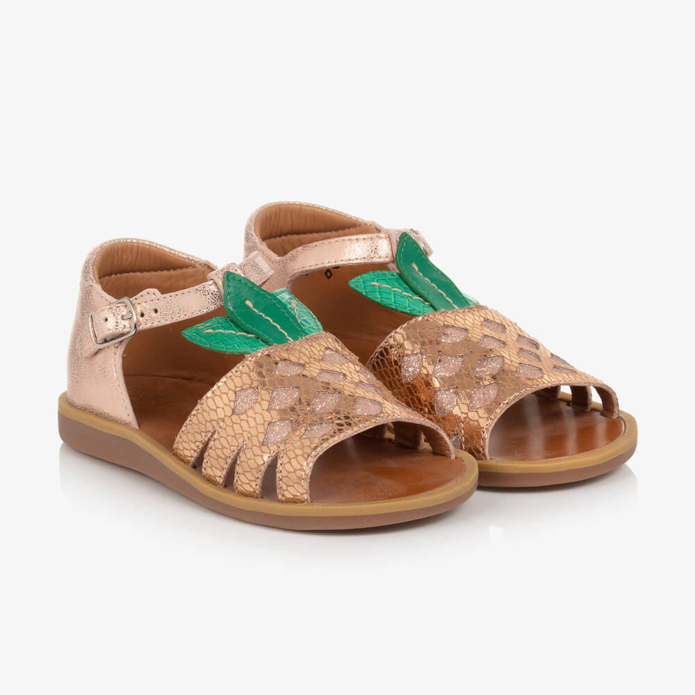 Pom d'Api - Girls Rose Gold Leather Pineapple Sandals | Childrensalon