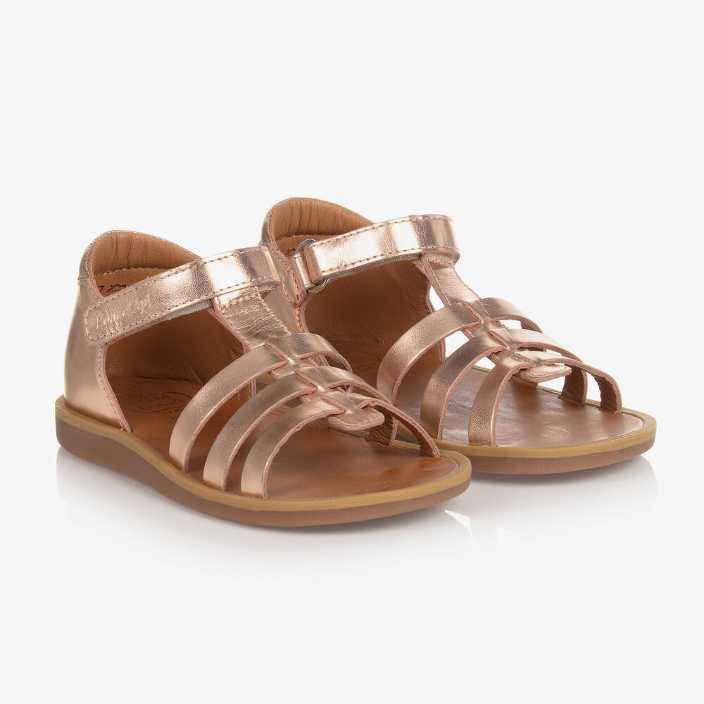 Pom d'Api - Кожаные сандалии цвета розового золота на липучке | Childrensalon
