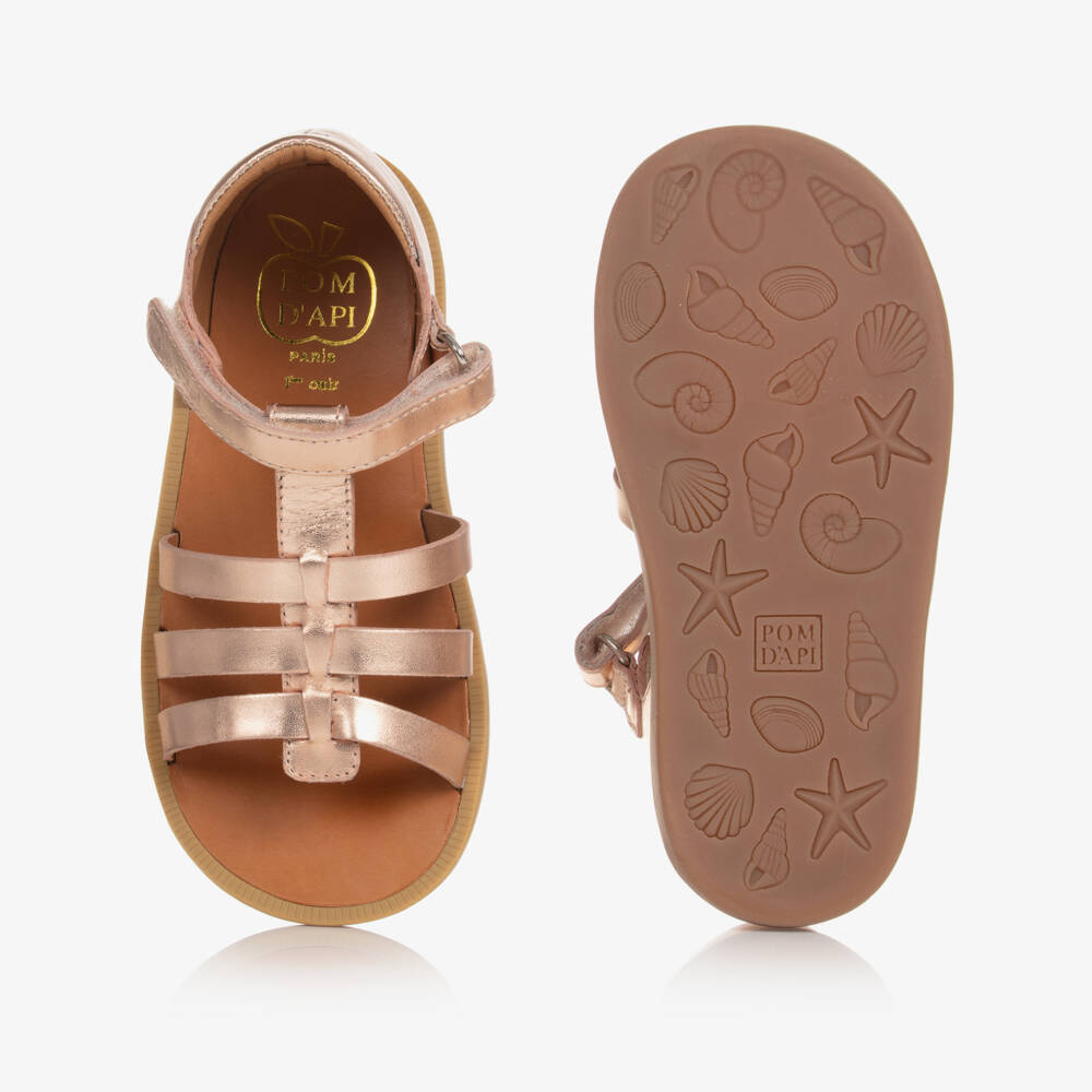 Pom d'Api-Girls Rose Gold Leather Velcro Sandals | Childrensalon Outlet