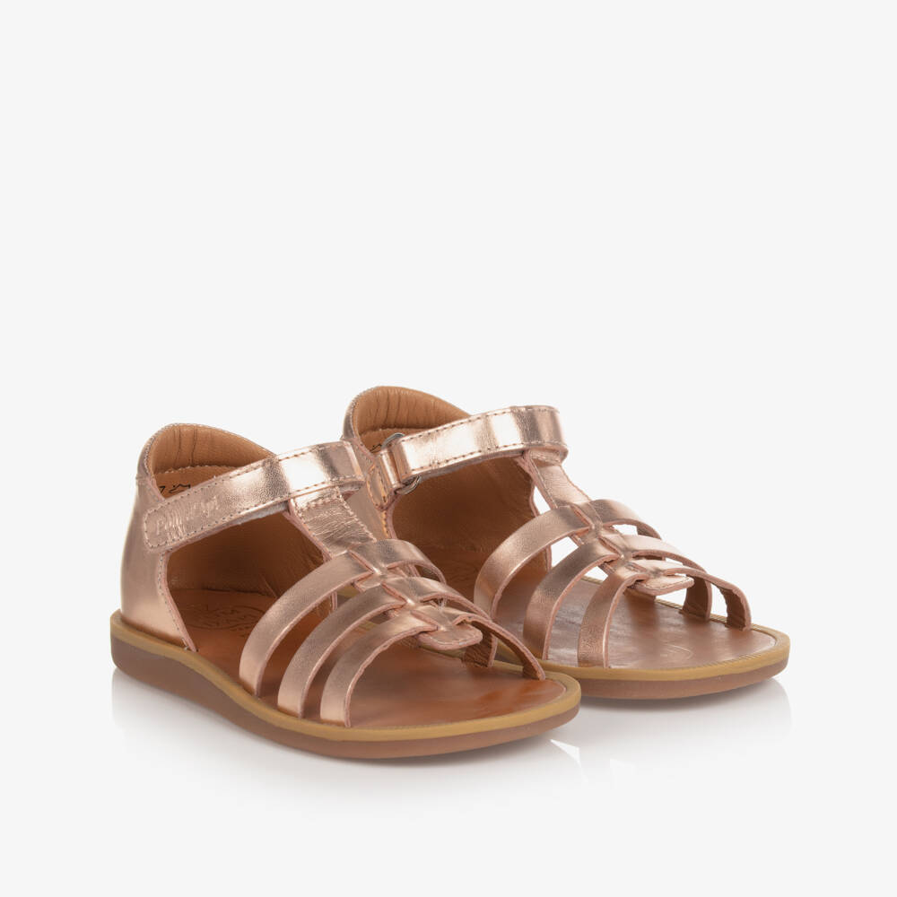 Pom d'Api-Girls Rose Gold Leather Velcro Sandals | Childrensalon Outlet