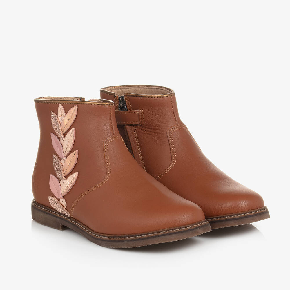 Pom d'Api - Girls Tan Leather Feather Boots | Childrensalon