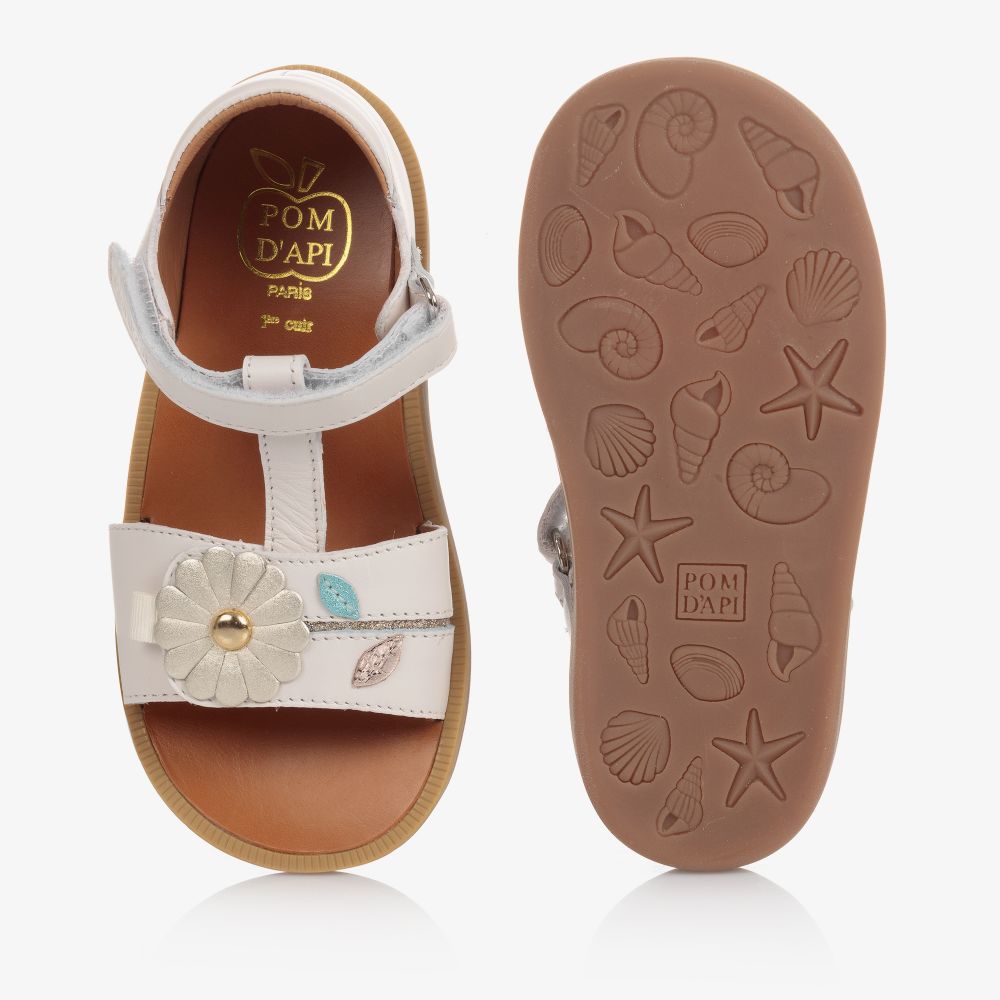 Pom d'Api-صندل جلد بشريط لاصق لون أبيض | Childrensalon Outlet