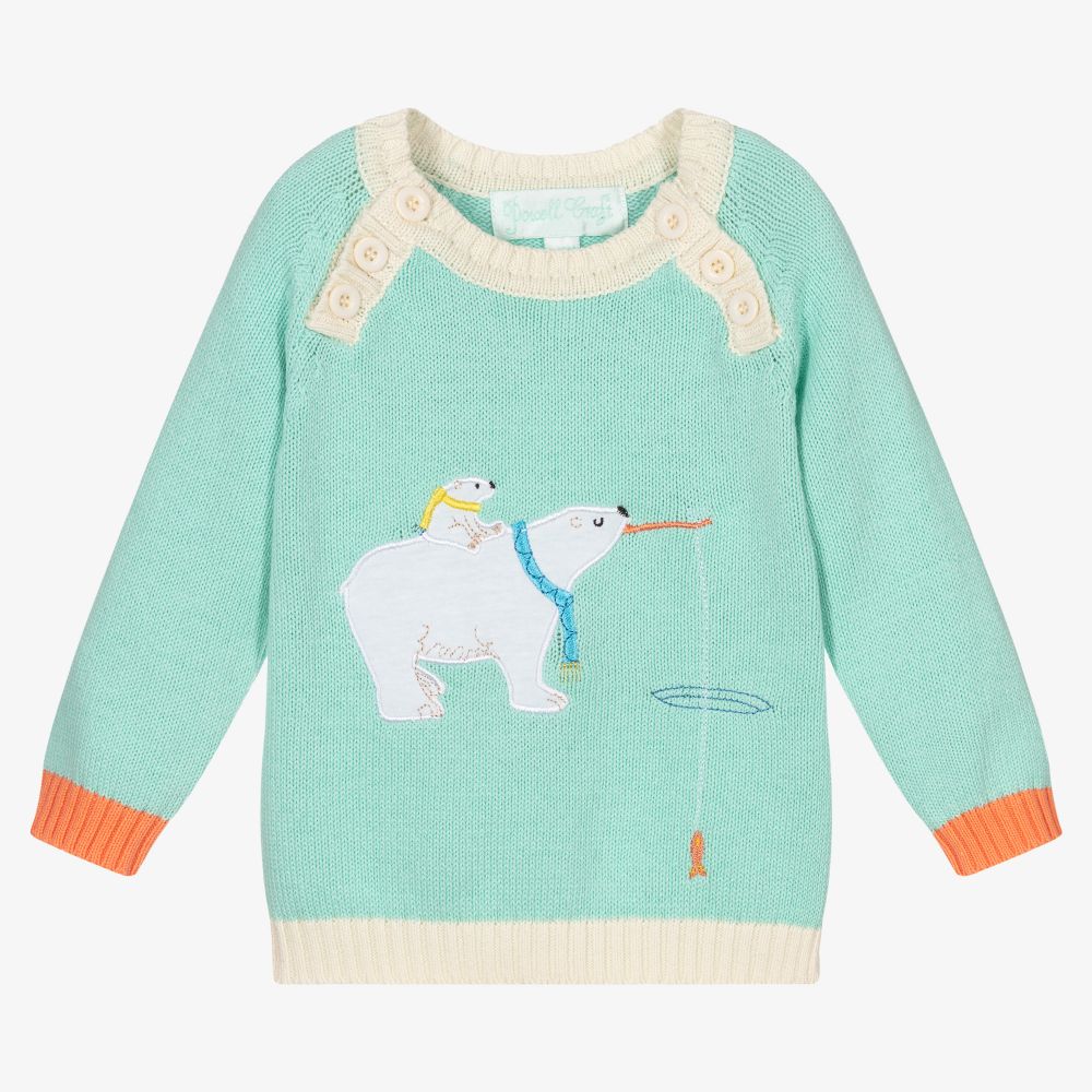 Powell Craft - Pull bleu en coton Bear Bébé | Childrensalon