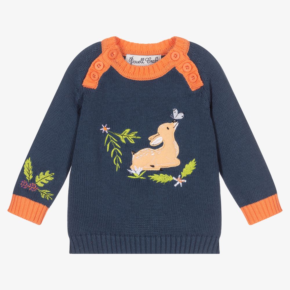 Powell Craft - Baby Blue Cotton Deer Sweater | Childrensalon