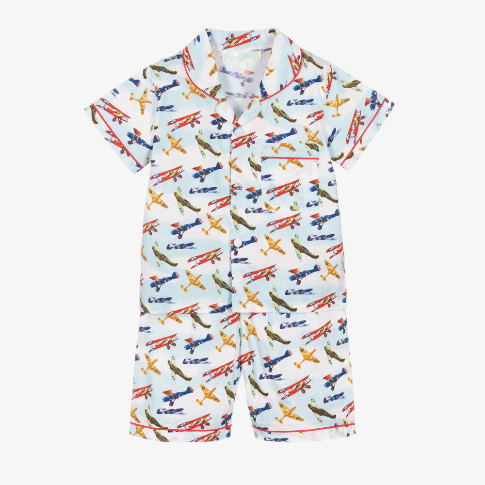 Powell Craft-Boys Blue Aeroplane Print Pyjamas | Childrensalon Outlet