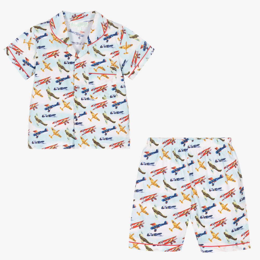 Powell Craft-Boys Blue Aeroplane Print Pyjamas | Childrensalon Outlet