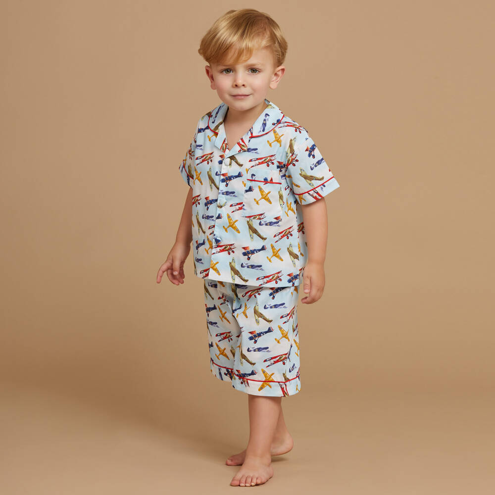Powell Craft-Boys Blue Aeroplane Print Pyjamas | Childrensalon Outlet